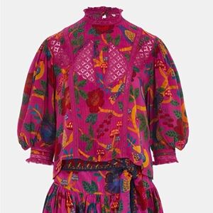 Frame Floral Lace Trim Puff Sleeve Top in Fuchsia